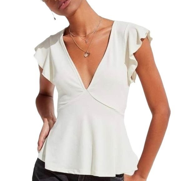 COPY - UO CREAM FLUTTER SLEEVE BABY~DOLL TOP   SZ:s/m nwt - Picture 1 of 8
